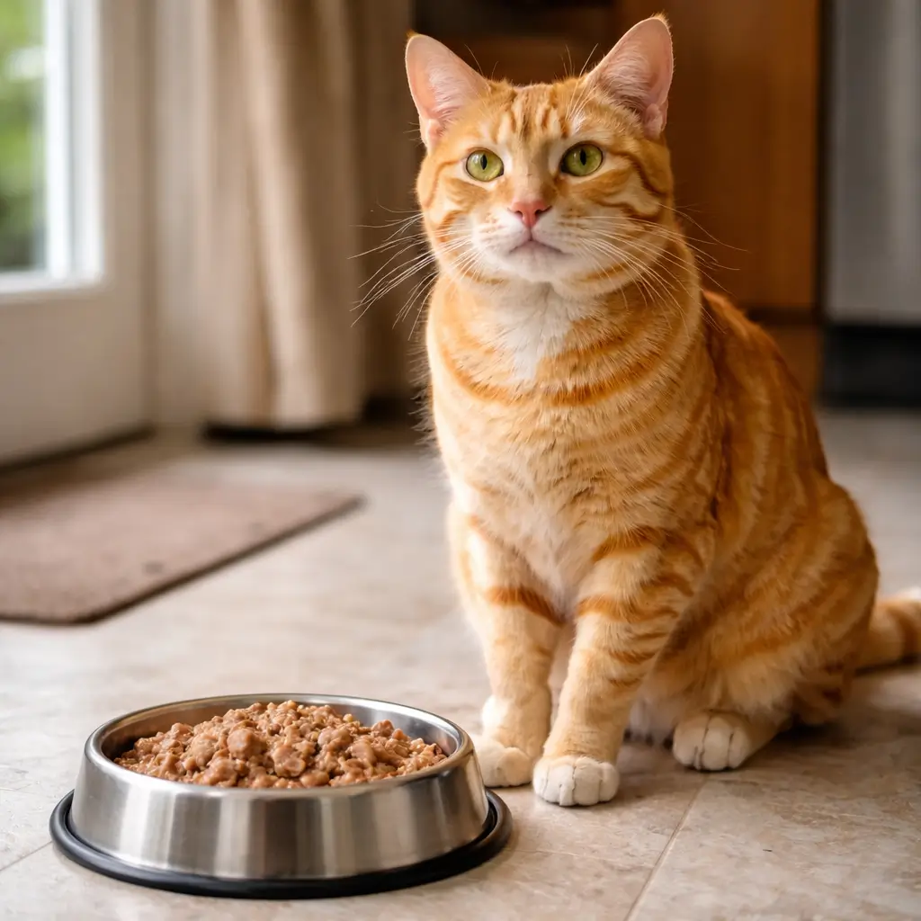 Healthy weight cat sitting near a bowl of high protein wet cat food indoors
