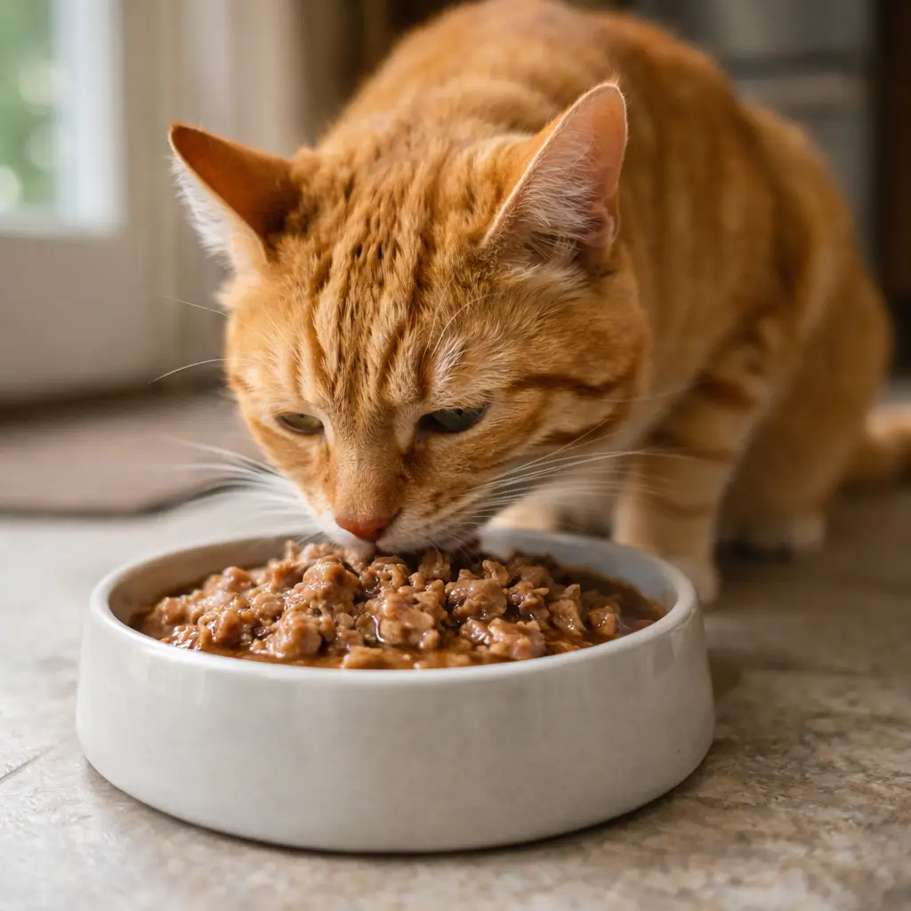 Cat eating moist high protein wet cat food that supports hydration and urinary health
