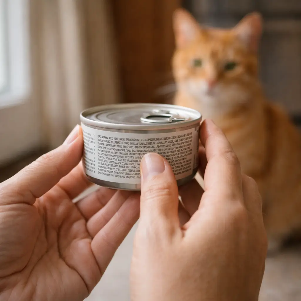 Reading ingredients on a high protein wet cat food can to choose quality nutrition for cats
