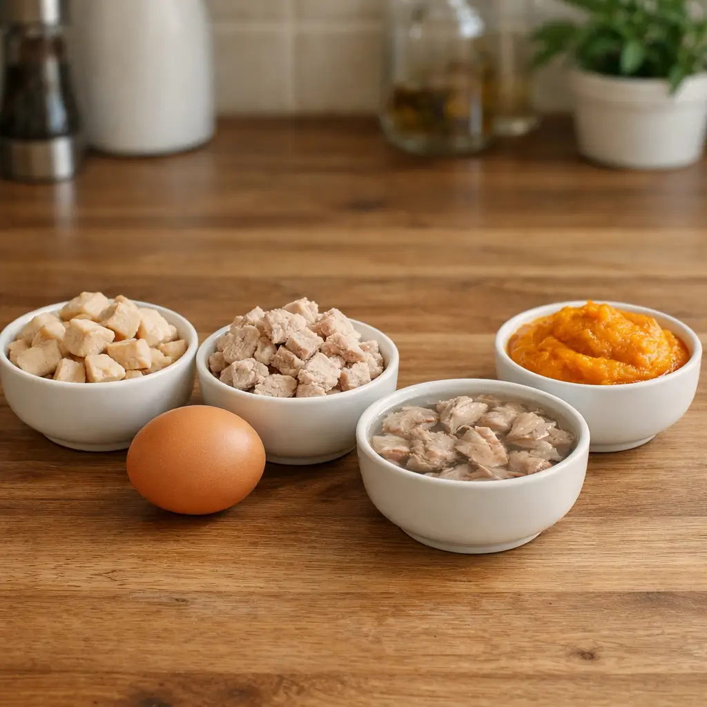 Cat-safe ingredients for homemade cat treats displayed in ceramic bowls, clean kitchen, safe for feline consumption.
