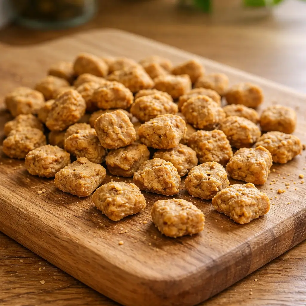 Crunchy homemade tuna cat treats on a wooden cutting board, golden brown, fresh from the oven.