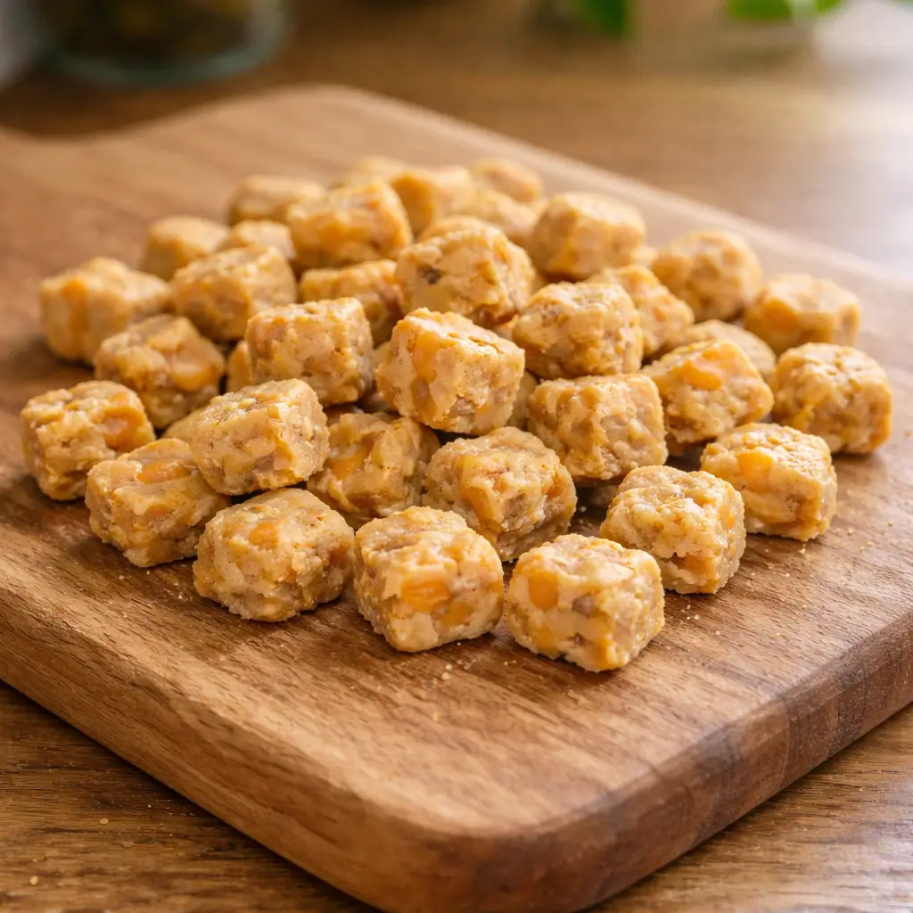 Soft homemade chicken and pumpkin cat treats in bite-sized pieces on a wooden board, ready to serve.