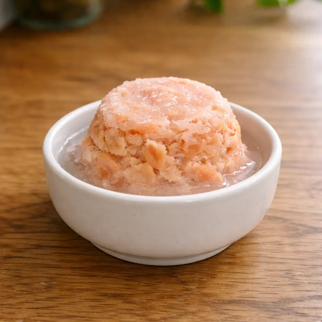 Homemade frozen salmon cat treat in a small ceramic bowl, freshly made, natural kitchen lighting.
