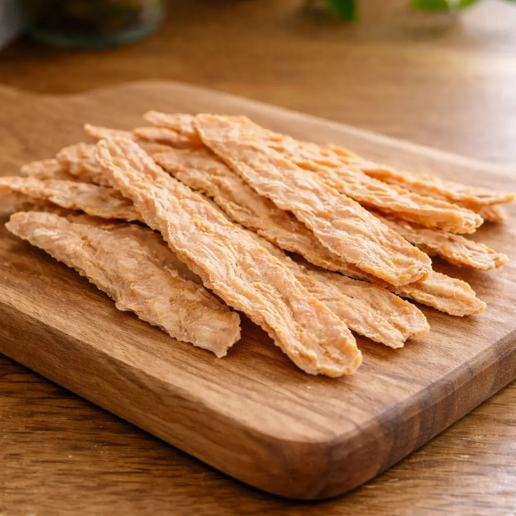 Dehydrated homemade turkey jerky cat treats arranged on a wooden board, high-protein healthy snack.