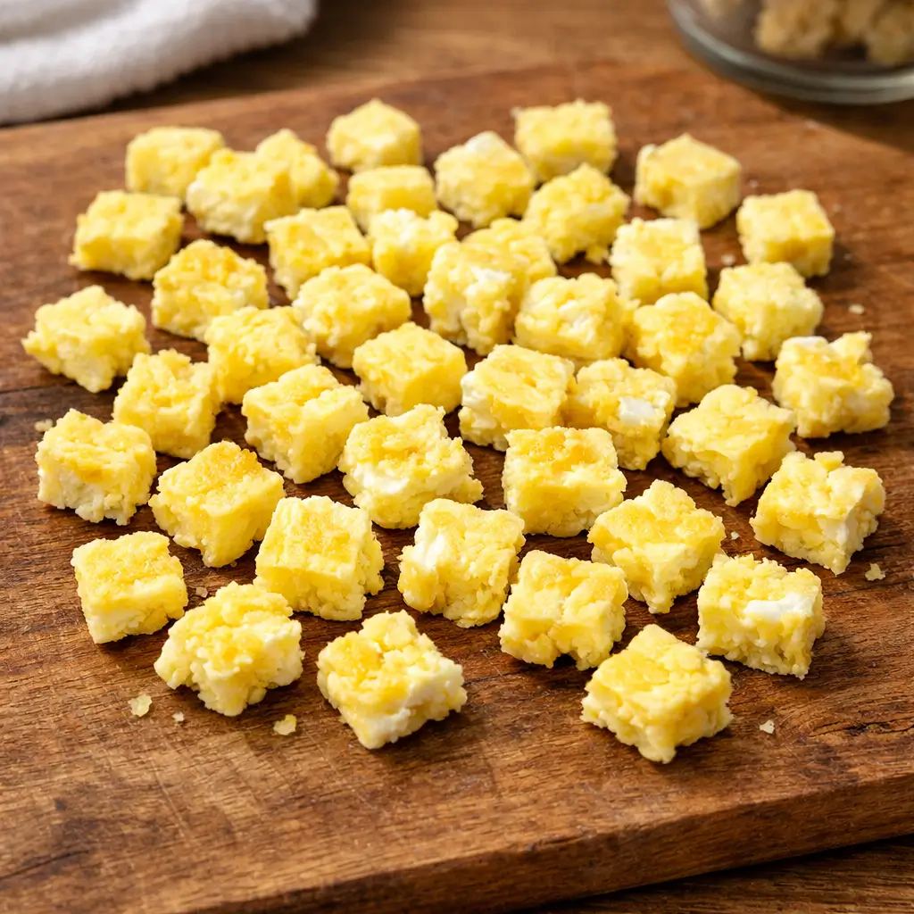 Simple homemade scrambled egg cat treats cut into small pieces, natural kitchen presentation, healthy snack.