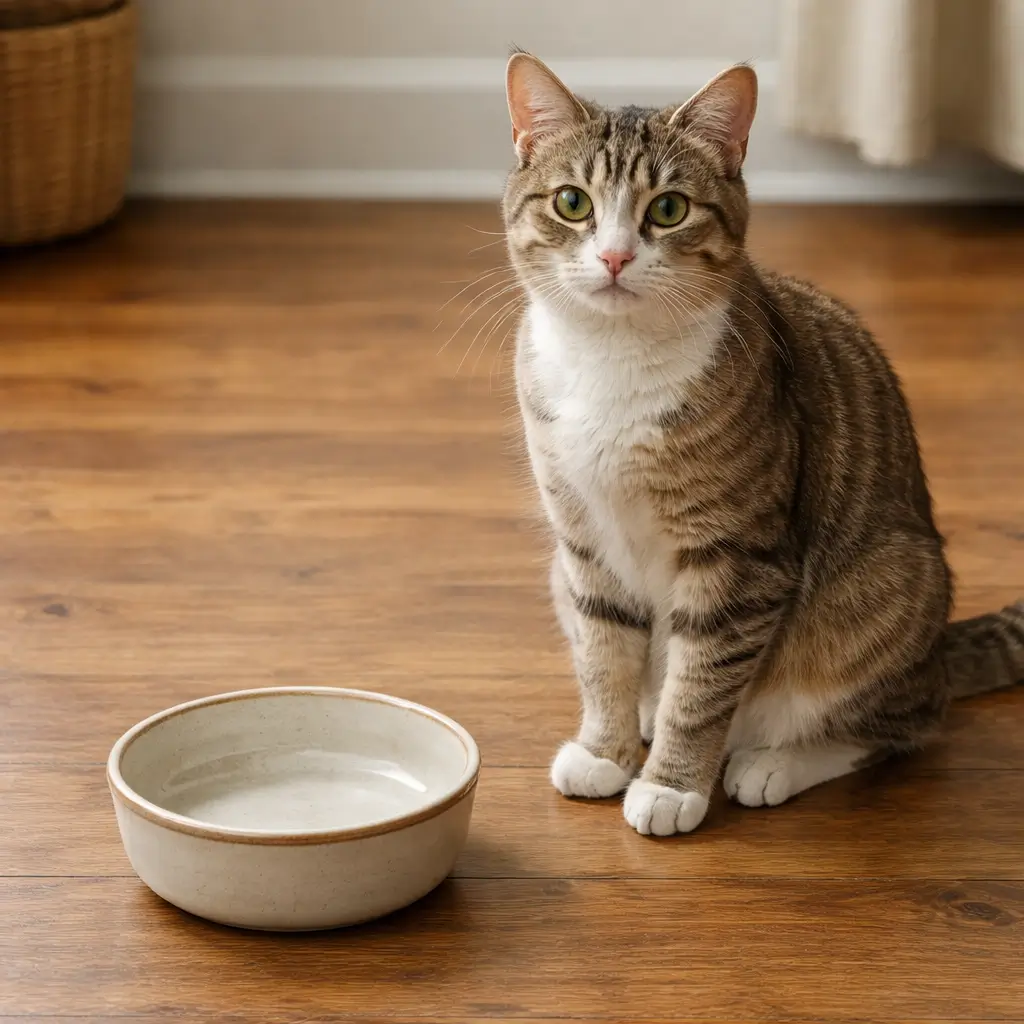  Underweight cat next to food bowl highlighting the need for a proper cat weight gain diet