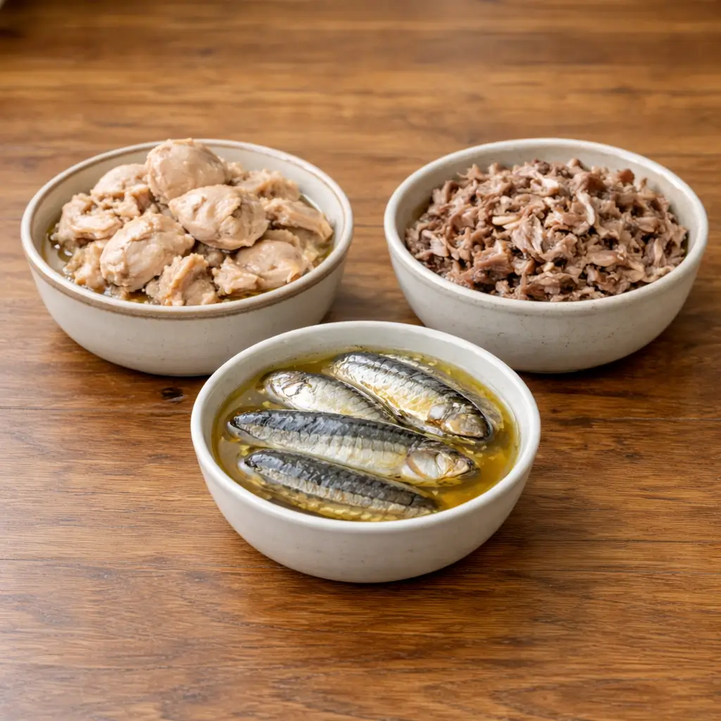 Chicken, sardines, and duck displayed as top protein sources for a healthy cat weight gain diet