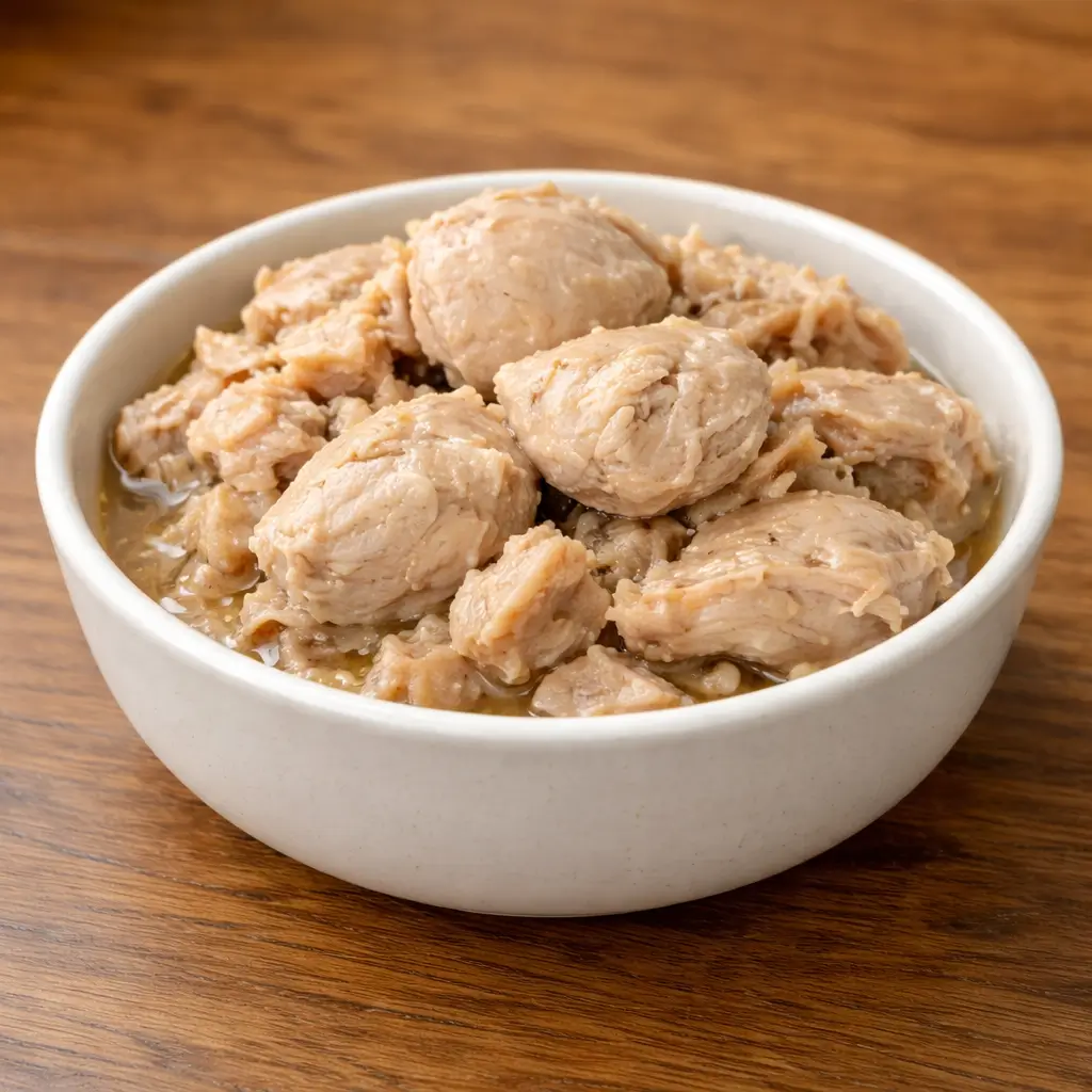 Cooked chicken thighs prepared for cats as a calorie-dense option in a cat weight gain diet