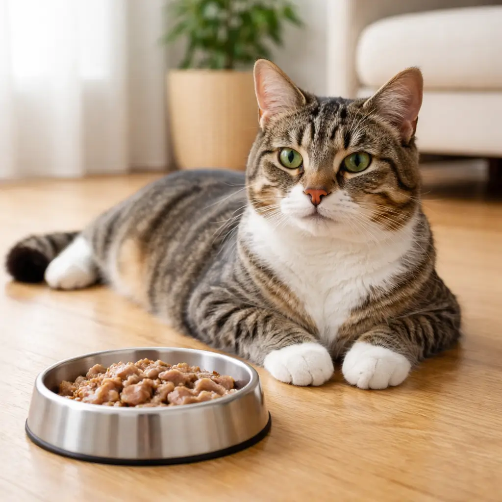 Healthy well-fed cat resting comfortably after following an effective cat weight gain diet