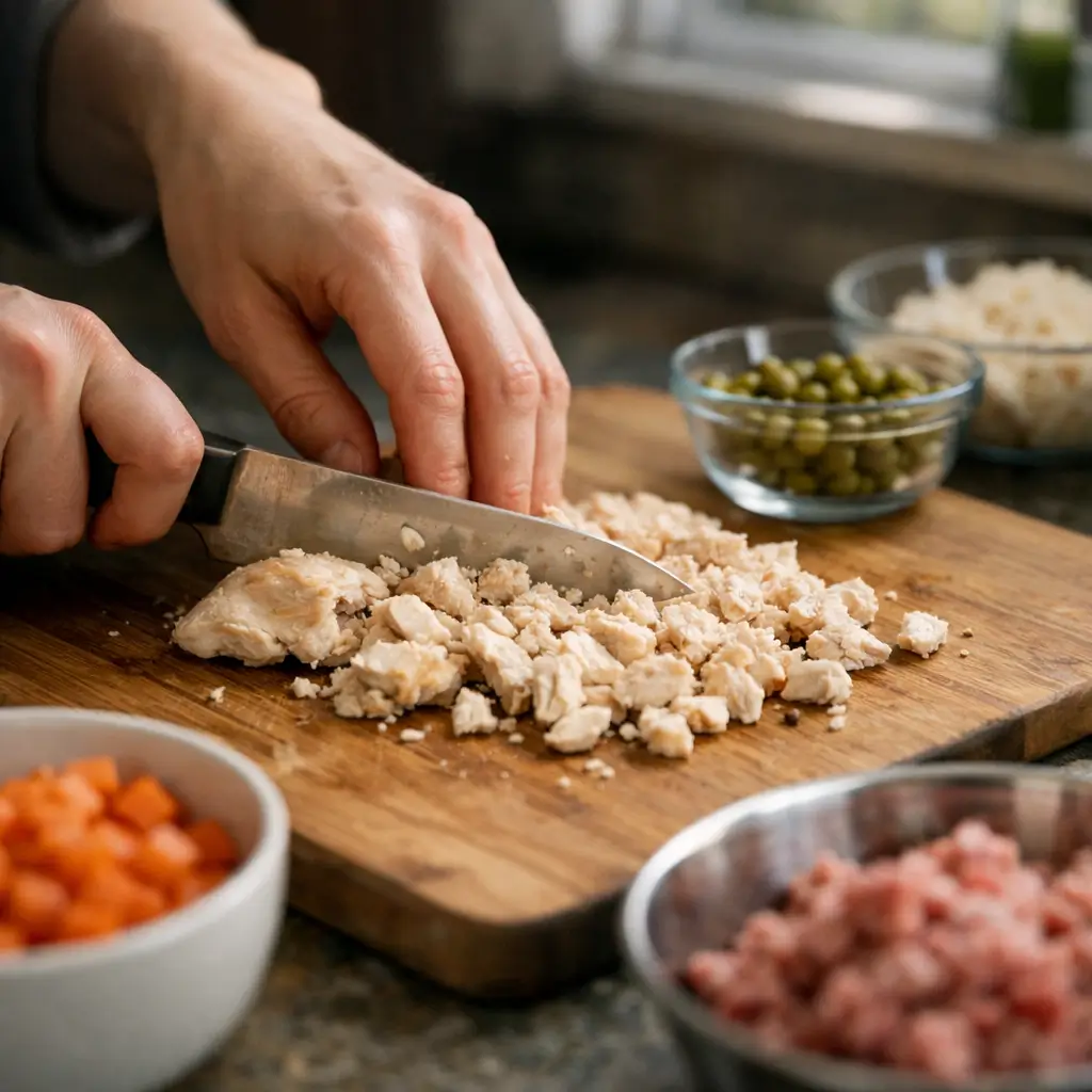 Hands preparing ingredients for homemade cat food