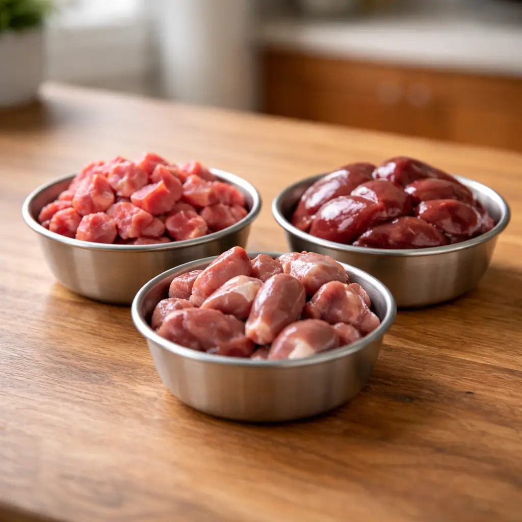 Fresh raw cat food ingredients: chicken, liver, heart in bowls on a wooden counter, natural lighting.