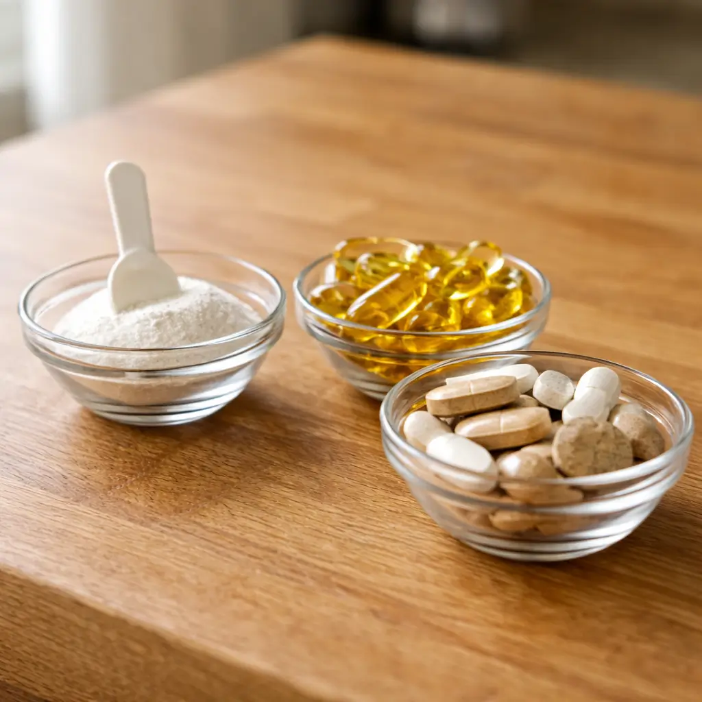 Essential supplements for raw cat food: taurine, fish oil, vitamins in small glass bowls on counter.