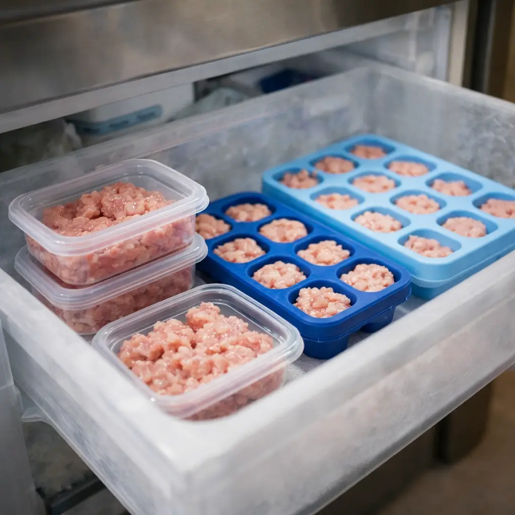 Portioned raw cat food stored in freezer-safe containers and silicone molds, organized home freezer.