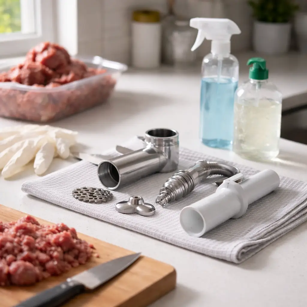 Raw cat food preparation area with gloves, sanitized cutting board, and clean meat grinder parts.