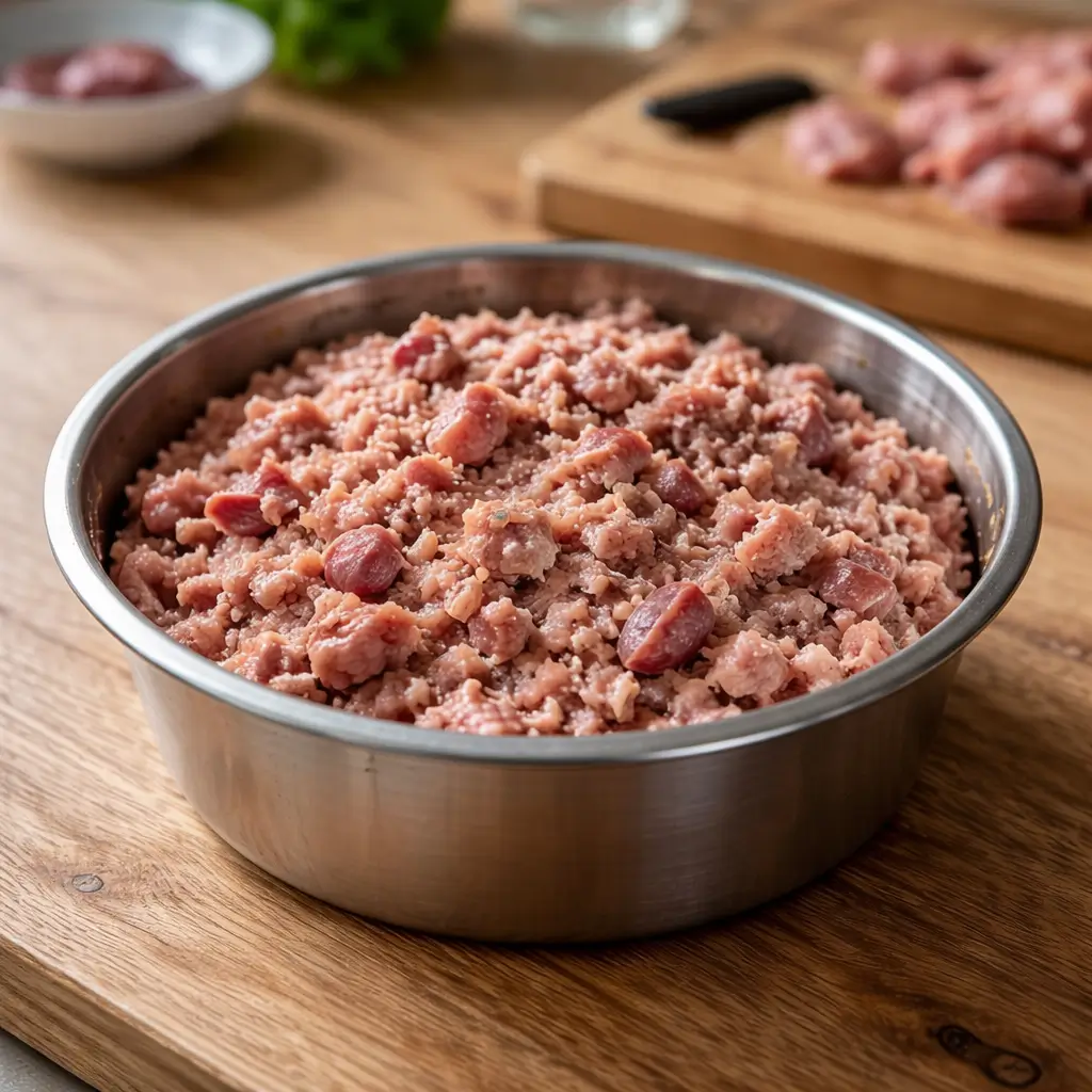 Finished raw cat food mixture in stainless steel bowl, minced chicken with organ meats visible.