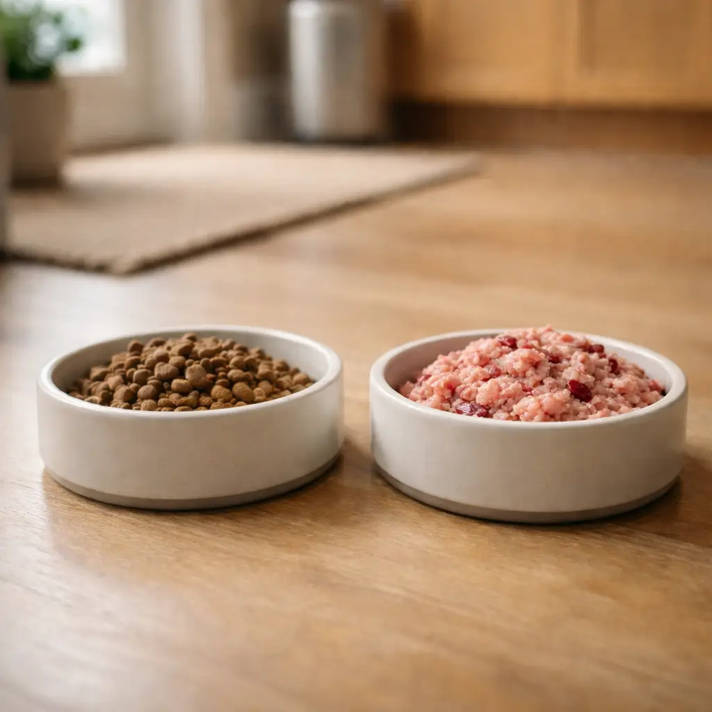 Two bowls showing transition to raw cat food: commercial kibble and homemade raw mixture.
