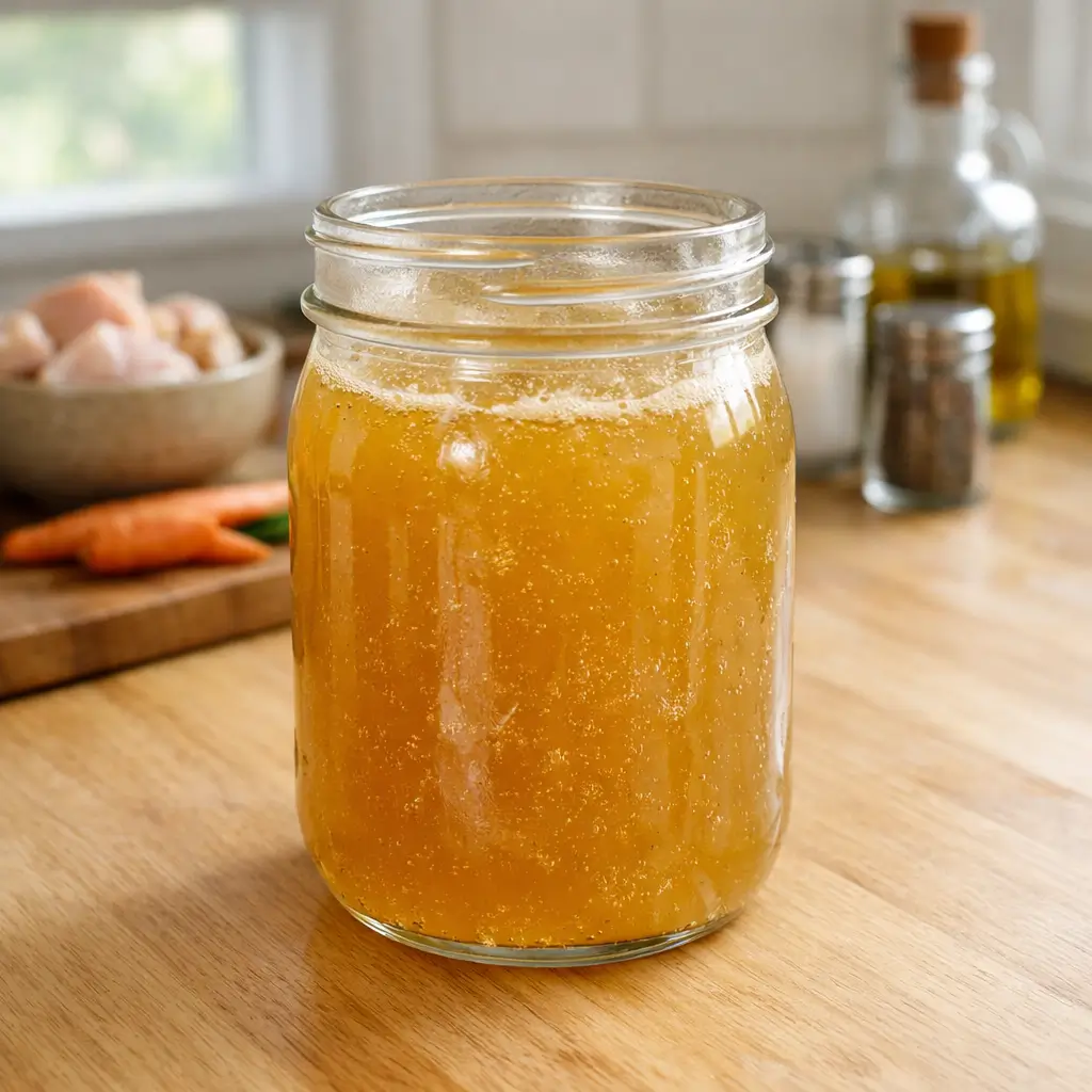 Homemade bone broth for cats in a glass jar with golden color on a clean wooden kitchen counter