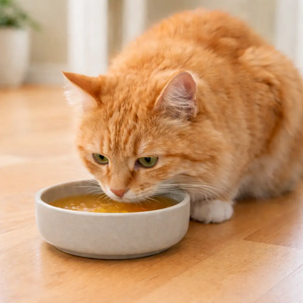 Healthy adult orange cat calmly drinking bone broth for cats from a ceramic bowl in a clean home