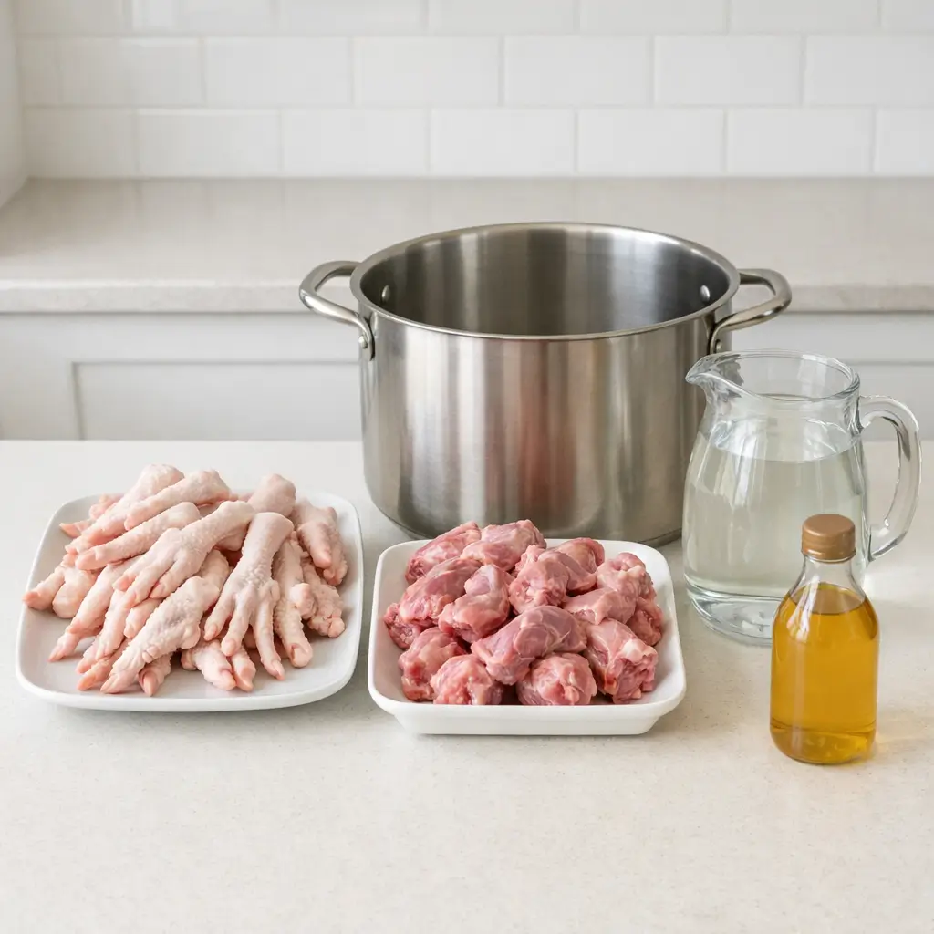 Ingredients for making bone broth for cats including chicken bones, water, and apple cider vinegar on a kitchen counter
