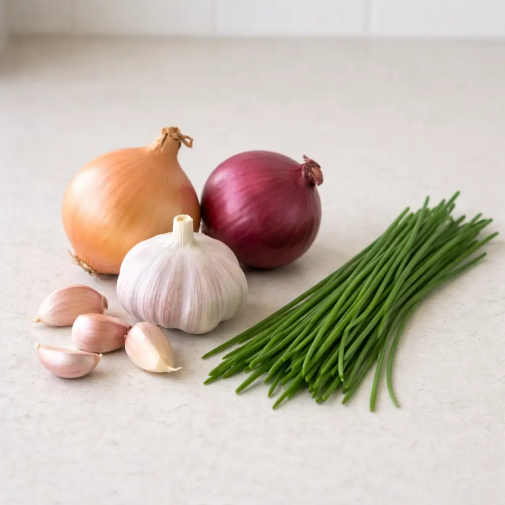 Toxic ingredients to avoid when making bone broth for cats including onions and garlic on a kitchen table