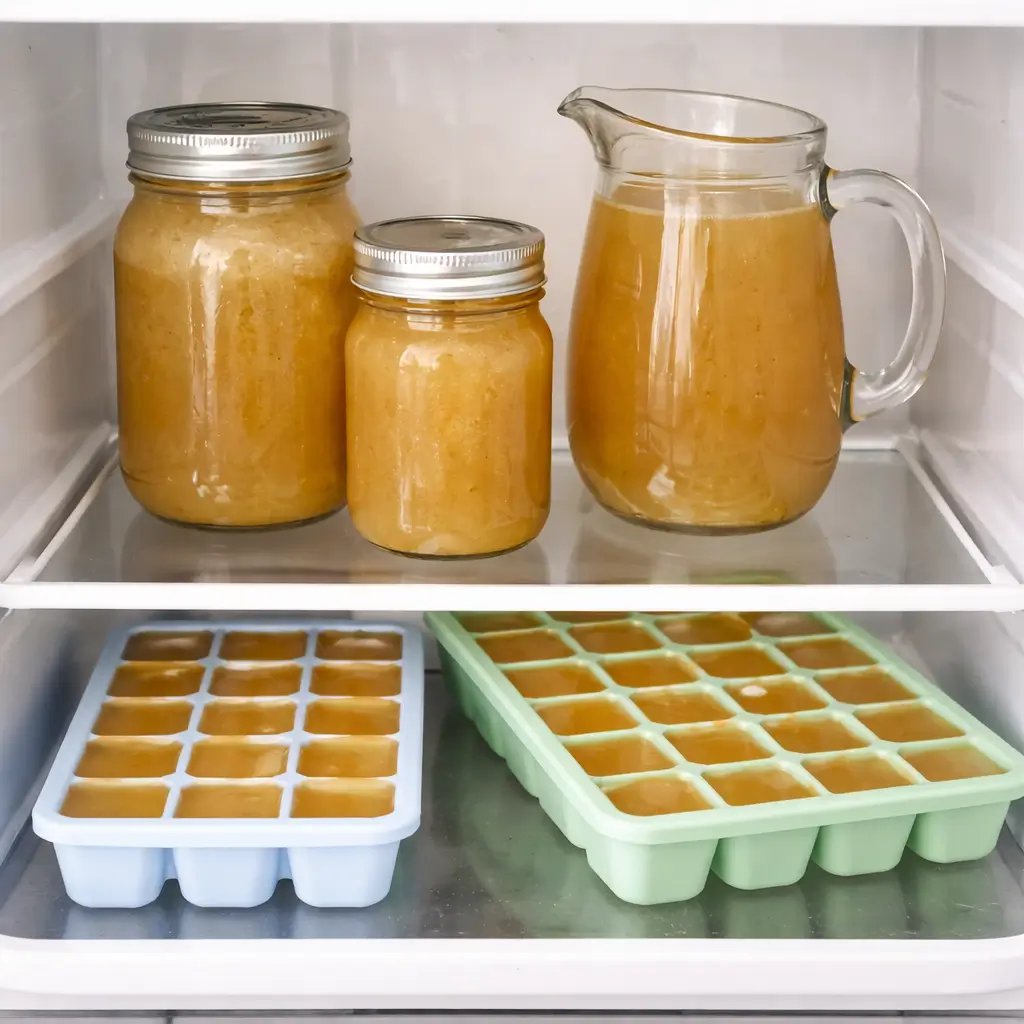Bone broth for cats stored in glass containers and ice cube trays inside a clean home refrigerator