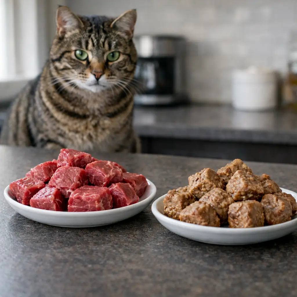 Can cats eat raw beef safely shown by raw beef and lightly cooked beef on plates in a clean kitchen
