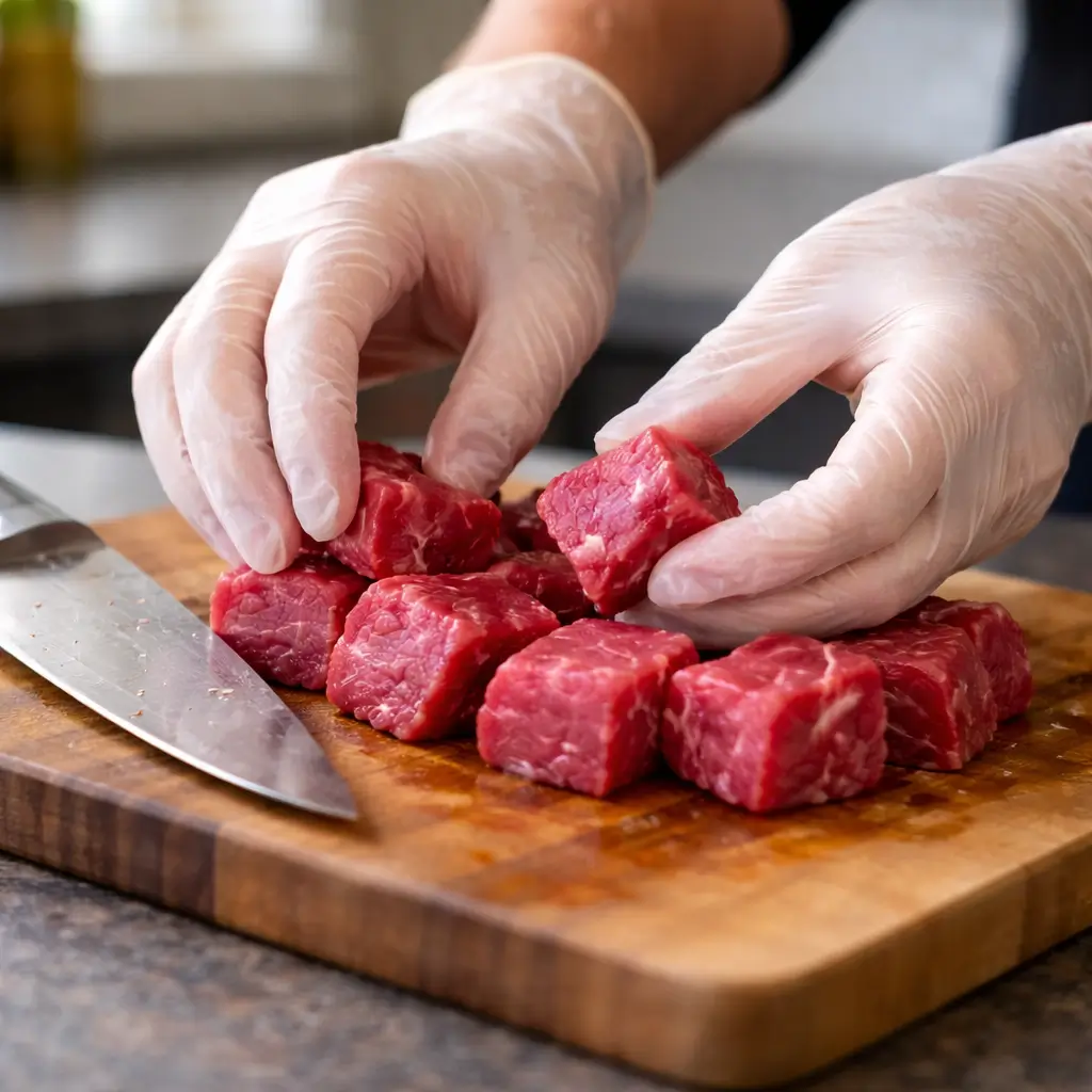 Can cats eat raw beef risks shown by gloved hands handling raw beef in a clean kitchen