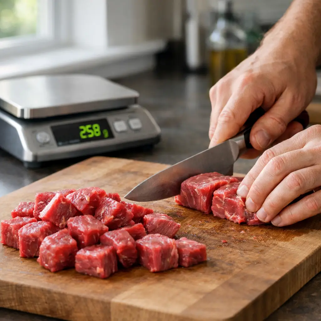 Can cats eat raw beef safely with careful portioning and clean preparation on a kitchen counter