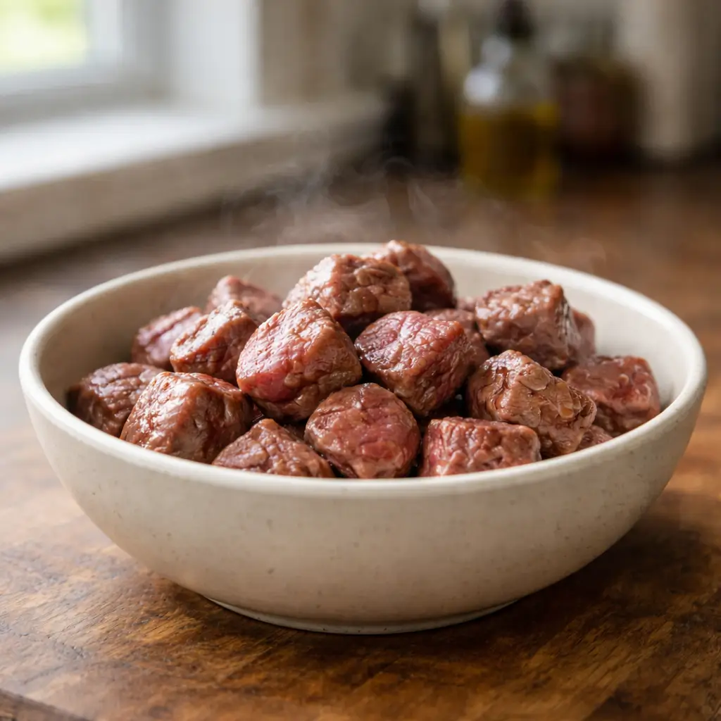 Can cats eat raw beef or cooked beef shown by lightly cooked beef prepared as a safer option