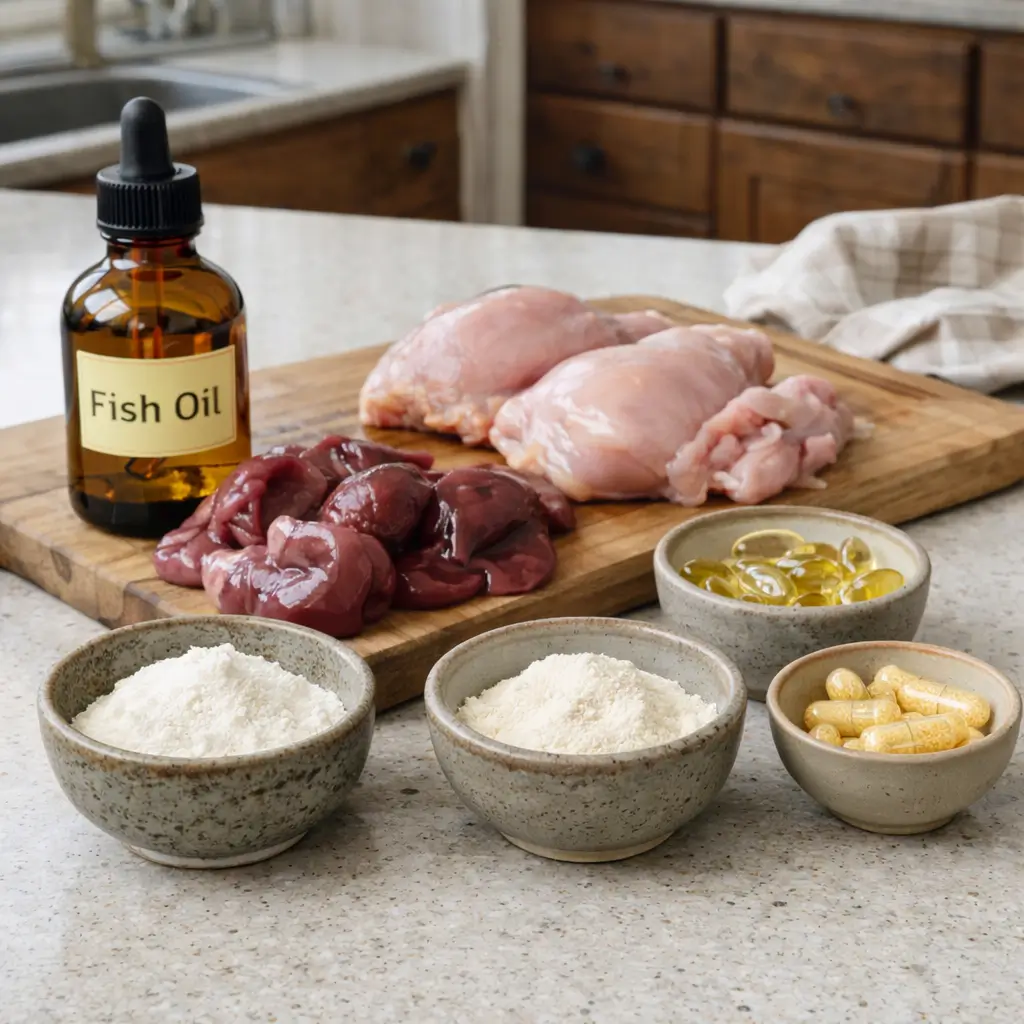 Ingredients used in balanced homemade wet cat food recipes including meat, organs, and essential supplements