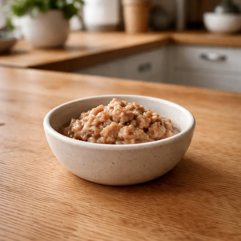 Small portion of wet kitten food served in a ceramic bowl, suitable for young kittens during early growth stages
