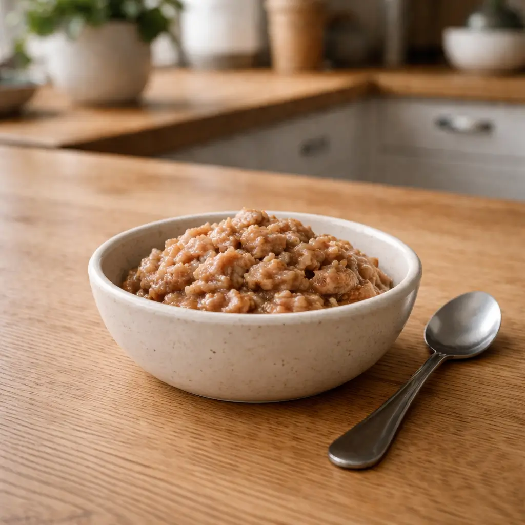 Balanced portion of wet cat food in a simple bowl, representing a typical daily meal for an adult cat