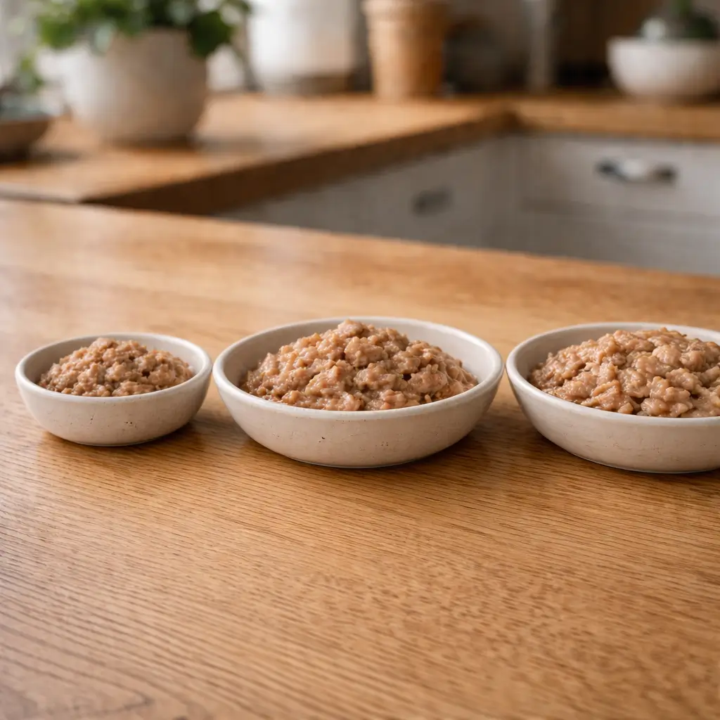 Different portion sizes of wet cat food placed side by side to compare calorie intake and serving amounts