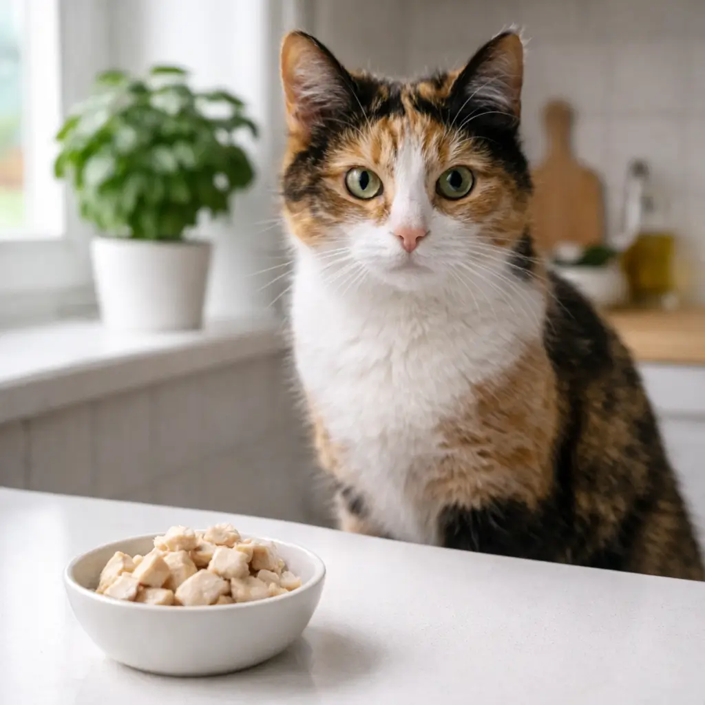 Can cats eat chicken safely when served plain and cooked, shown with a healthy cat next to chicken pieces