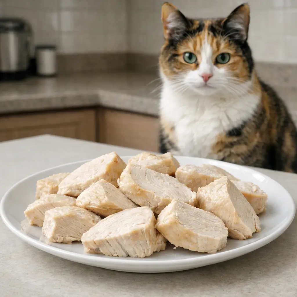 Can cats eat chicken for nutrition? Plain cooked chicken showing high protein benefits for cats