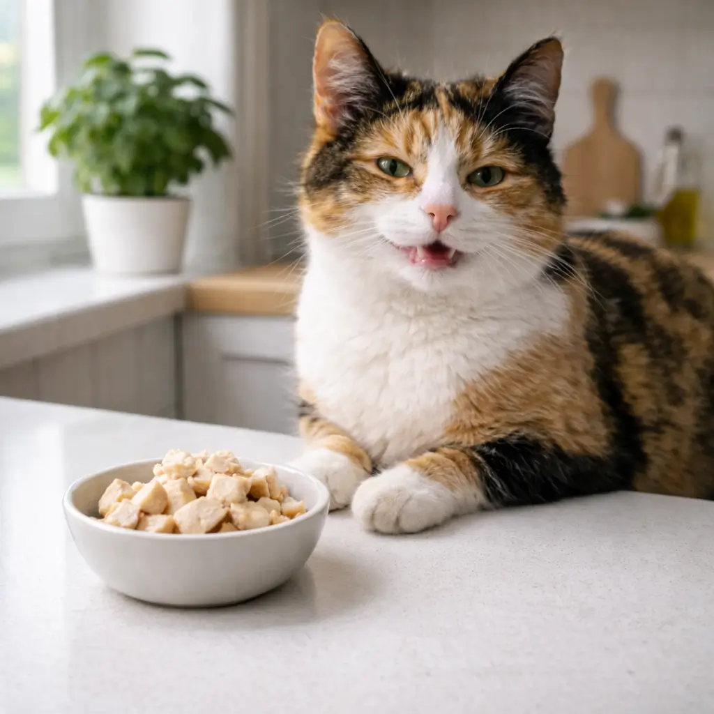 Can cats eat chicken daily as a treat? Happy cat next to a bowl of plain cooked chicken