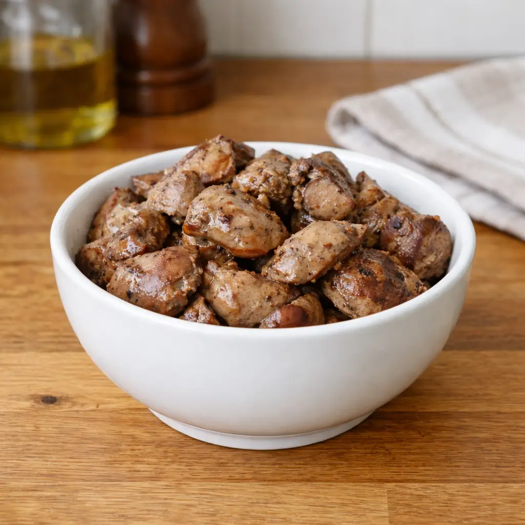 Small portion of cooked chicken liver showing safe serving size for cats
