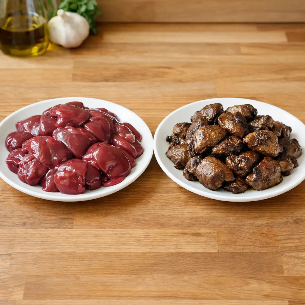 Raw vs cooked chicken liver comparison showing safer cooked option for cats

