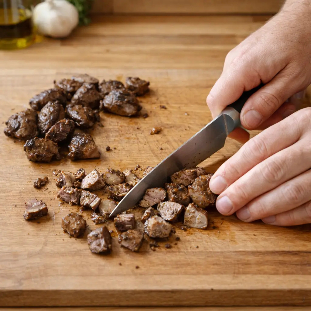 Preparing cooked chicken liver in safe small portions as healthy treats for cats
