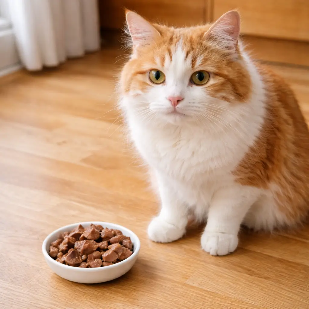 Healthy cat sitting next to a small bowl of cooked chicken liver served safely
