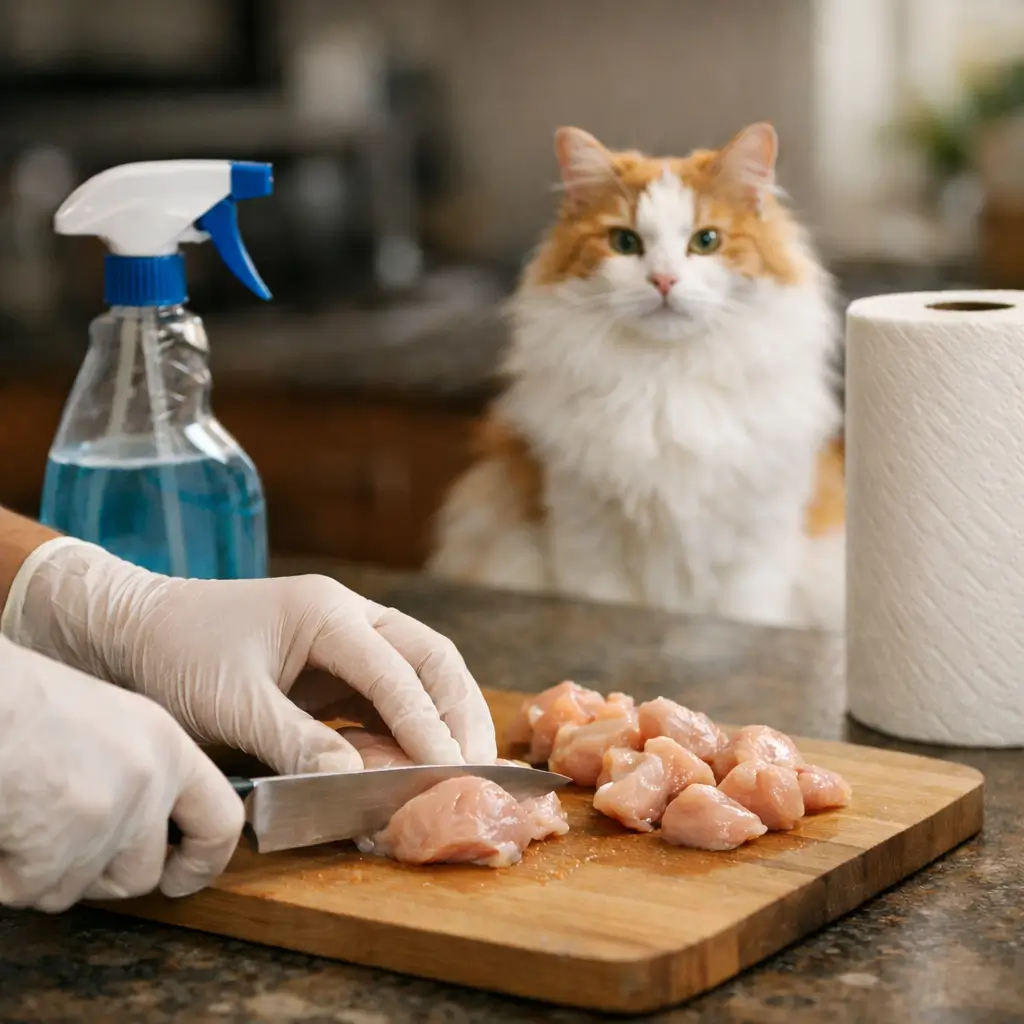 Can cats eat raw chicken safely – raw chicken preparation with gloves and hygiene in kitchen