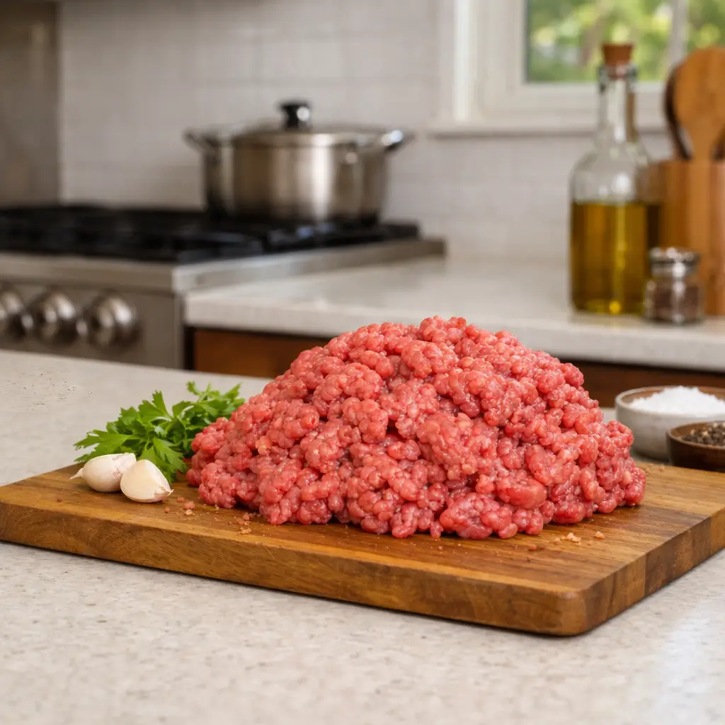 Raw ground beef on a cutting board showing why many owners ask can cats eat raw ground beef safely.