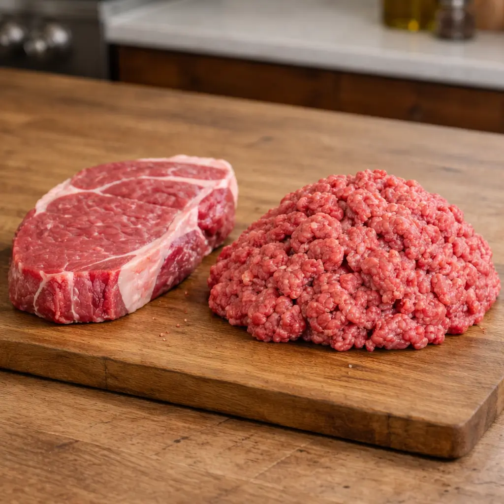 Whole raw beef compared to raw ground beef explaining bacterial risks when asking can cats eat raw ground beef.