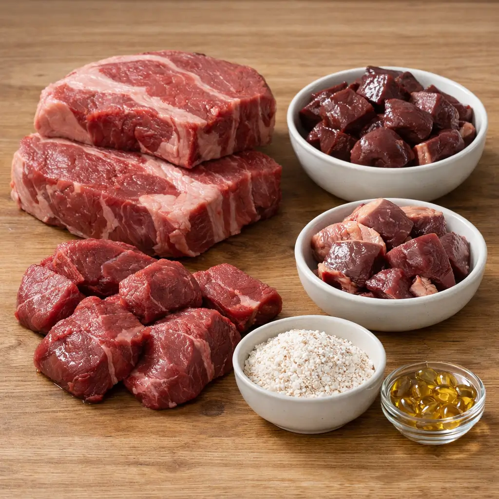 Raw beef with organ meats and supplements highlighting nutrition concerns behind can cats eat raw ground beef.