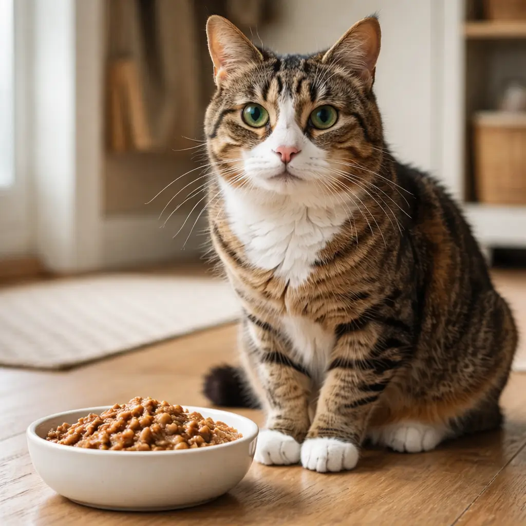 Senior cat near cooked food showing cases where can cats eat raw ground beef is not recommended.