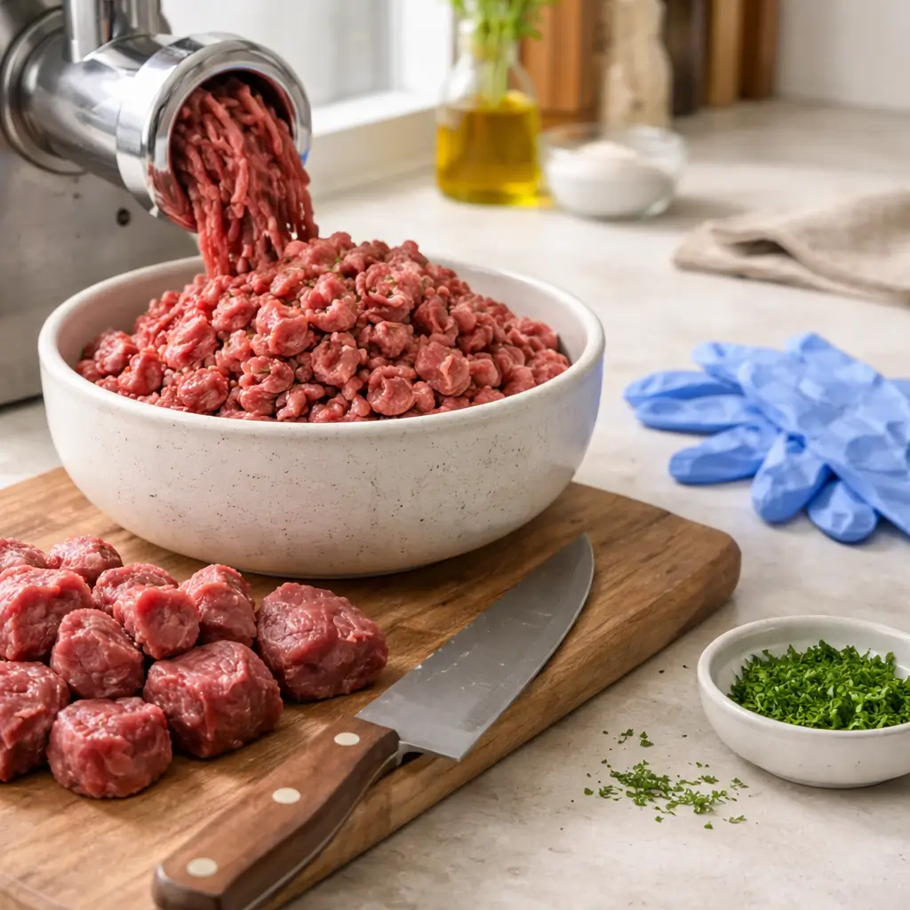 Hygienic preparation of home ground beef illustrating strict safety rules for can cats eat raw ground beef.