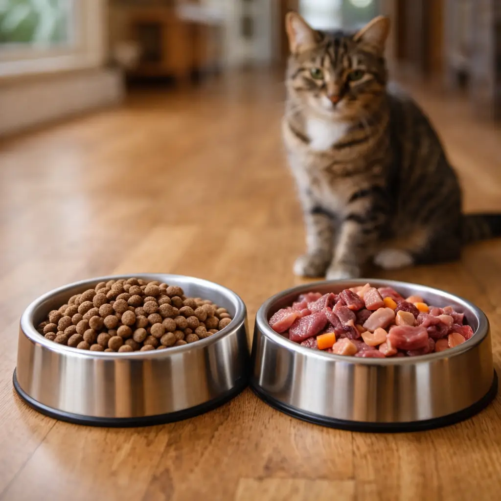Can cats eat raw meat gradually? Cat choosing between kibble and raw food during diet transition