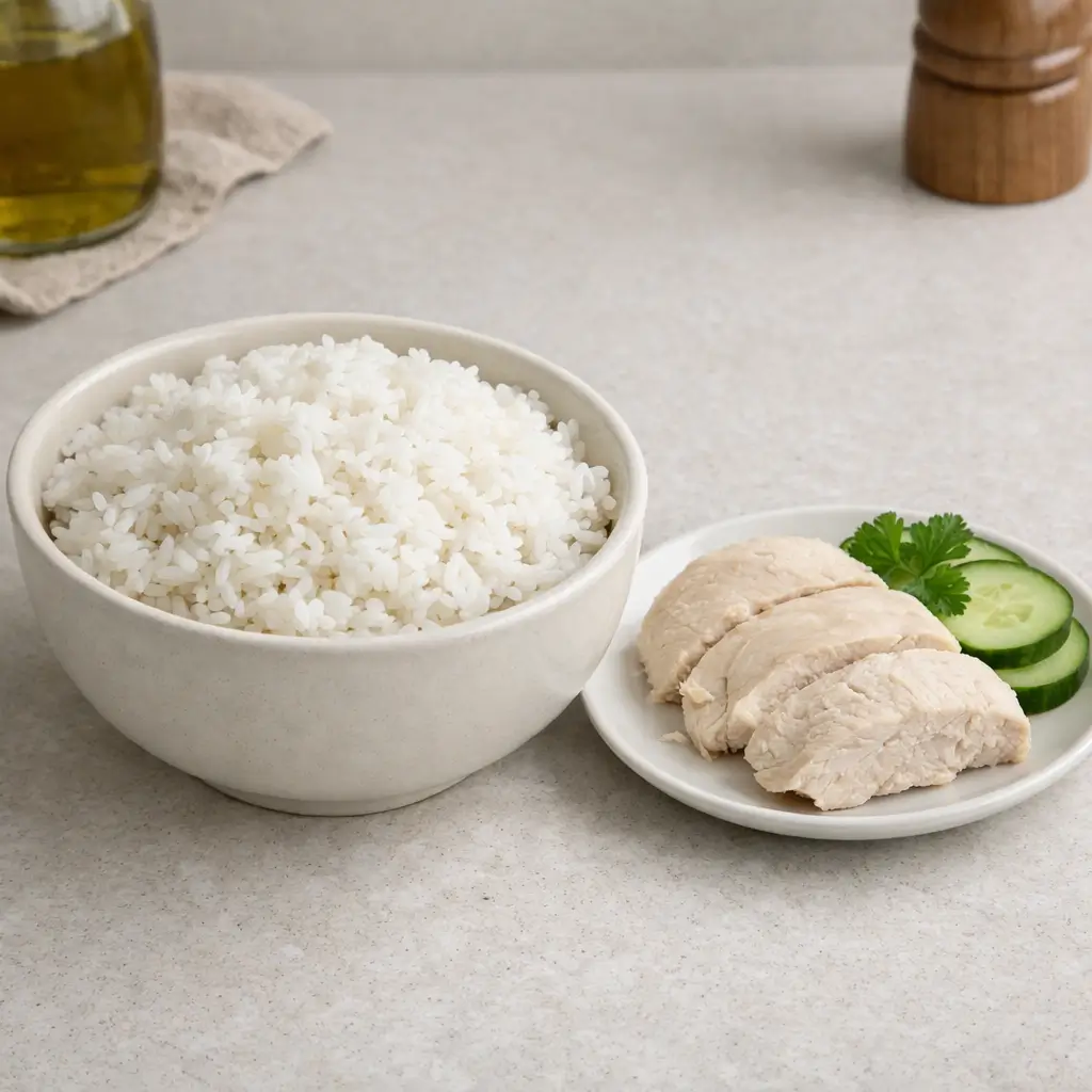 Can cats eat white rice safely? Cooked white rice and boiled chicken in a simple ceramic bowl.