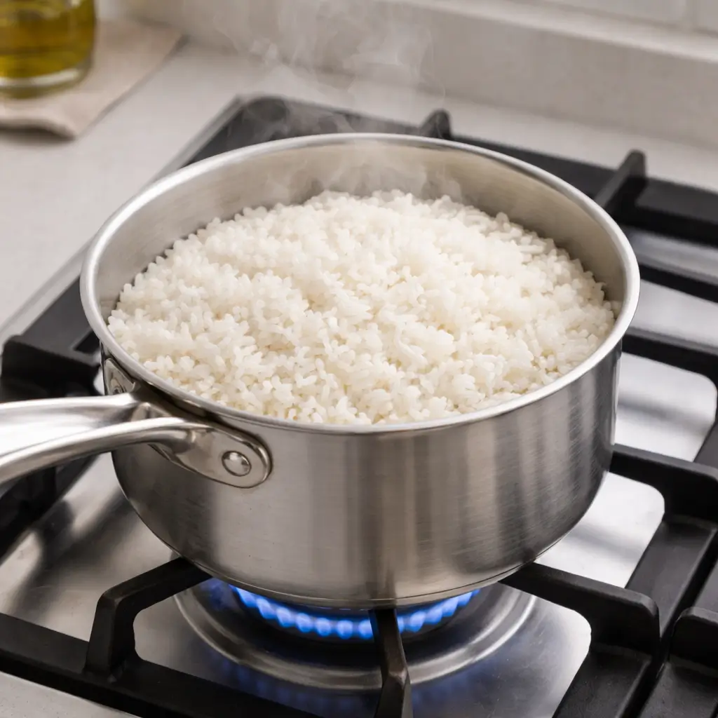 Can cats eat white rice? Plain white rice cooking in a pot with no salt, oil, or seasoning.