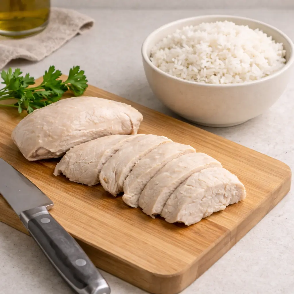 Can cats eat white rice? Boiled chicken breast and cooked white rice prepared in a home kitchen.